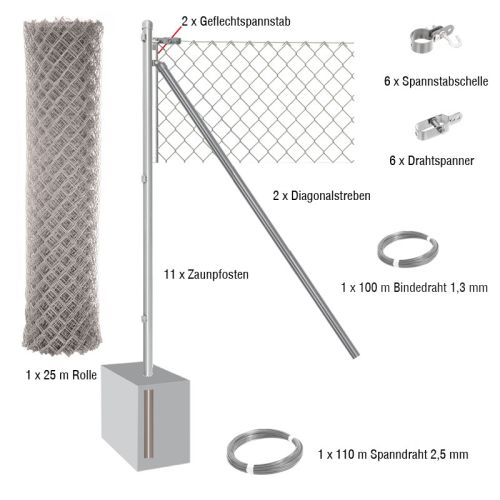 25 Meter Maschendrahtzaun Komplett-Set Dingo - Farbe: verzinkt, Höhe: 150 cm, Ausführung: zum Einbetonieren