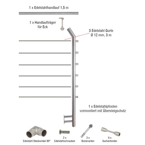 Edelstahl Gurtgeländer Eckset mit Übersteigschutz - Länge: 1,5 m, seitliche Montage 