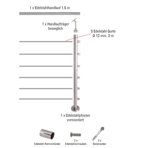 Edelstahl Gurtgeländer Erweiterungsset - Länge: 1,5 m, aufgesetzte Montage 