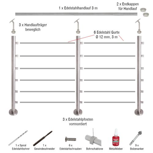 Edelstahl Gurtgeländer Set - Länge: 3 m, aufgesetzte Montage 