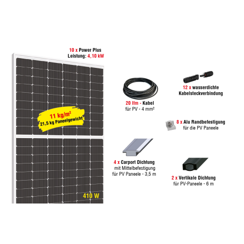 Photovoltaik Dach POWER PLUS MAX 440 W für Carport Erweiterungsset - Leistung: 4,4 kW