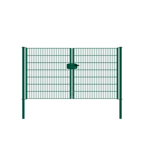 Drahtgittertor 2-flügelig, Durchgangslichte: 264 cm, Gesamtbreite inkl. Pfosten: 276 cm - Ausführung: grün beschichtet, Höhe: 143 cm
