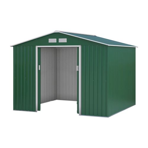 Gerätehaus Kompakt 4 - Farbe: grün, Dachlänge: 2770 mm, Dachbreite: 2550 mm, Gesamthöhe: 1920 mm