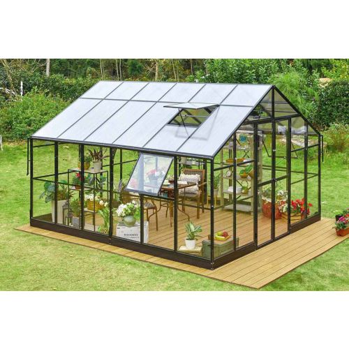 Gewächshaus Rosmarin PRO - Farbe: schwarz, Ausführung: Echtglas 4 mm, Länge: 4130 mm, Breite: 3540 mm, Höhe: 2670 mm