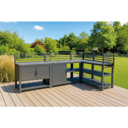Outdoorküche aus Aluminium & Sinterstein - bestehend aus Modul A, B, C, D und 2x Ablagefläche