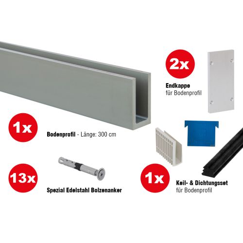 Ganzglasgeländer Komplettset - Ausführung: für aufgesetzte Montage, für Glasstärke: 20,76-21,52 mm, Länge: 3 m