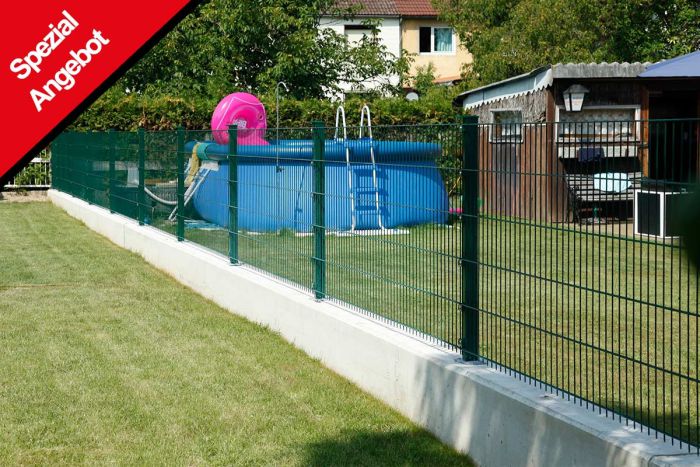 Zaun Gartenzaun Komplettset 10 m, Farbe: grün, Höhe: 143 cm, mit Fußplatten, Doppelstabmatten 6/5/6