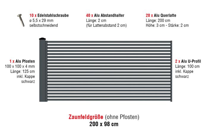 Aluzaun Cardiff Zaunfeld-Set - Höhe: 98 cm, Breite: 200 cm, Farbe: anthrazit