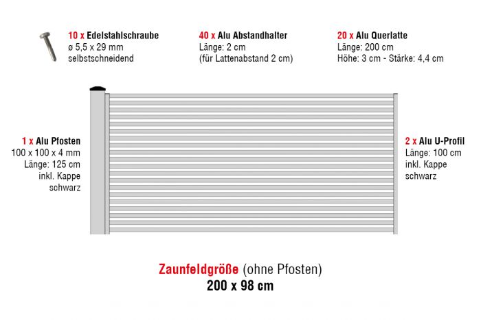 Aluzaun Cardiff Pro Zaunfeld-Set - Höhe: 98 cm, Breite: 200 cm, Farbe: grau