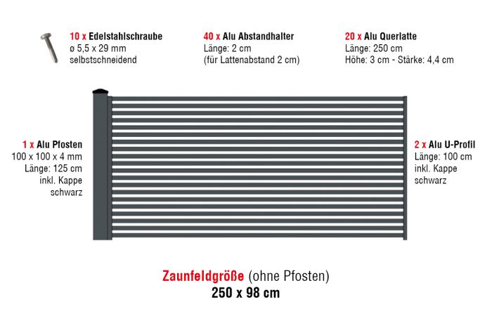 Aluzaun Cardiff Pro Zaunfeld-Set - Höhe: 98 cm, Breite: 250 cm, Farbe: anthrazit