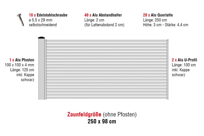 Aluzaun Cardiff Pro Zaunfeld-Set - Höhe: 98 cm, Breite: 250 cm, Farbe: grau