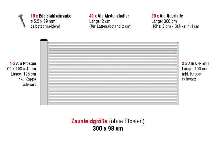 Aluzaun Cardiff Pro Zaunfeld-Set - Höhe: 98 cm, Breite: 300 cm, Farbe: grau