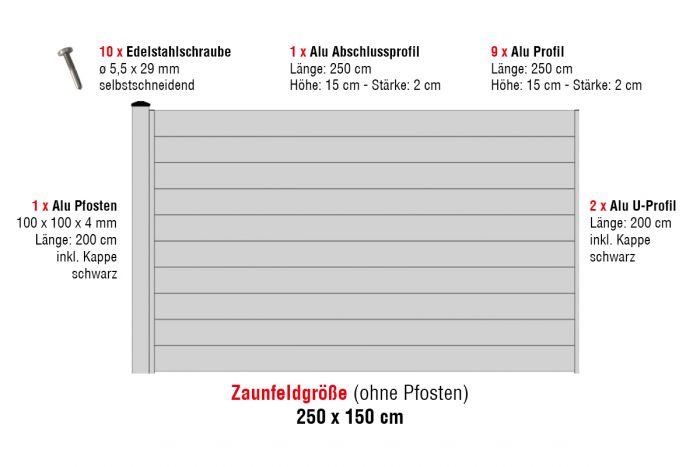 Aluzaun Glasgow Zaunfeld-Set - Höhe: 150 cm, Breite: 250 cm, Farbe: grau