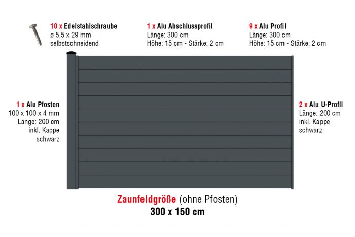 Aluzaun Glasgow Zaunfeld-Set - Höhe: 150 cm, Breite: 300 cm, Farbe: anthrazit
