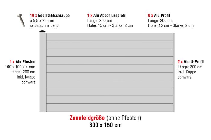 Aluzaun Glasgow Zaunfeld-Set - Höhe: 150 cm, Breite: 300 cm, Farbe: grau