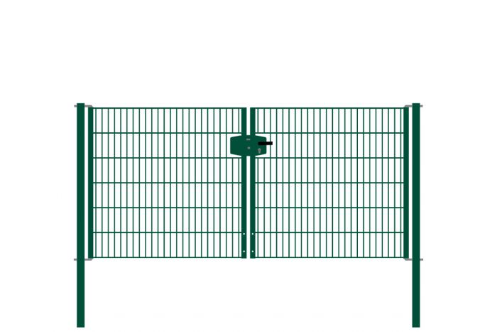 Drahtgittertor 2-flügelig, Durchgangslichte: 264 cm, Gesamtbreite inkl. Pfosten: 276 cm - Ausführung: grün beschichtet, Höhe: 123 cm