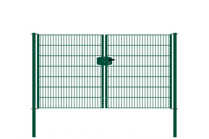 Drahtgittertor 2-flügelig, Durchgangslichte: 264 cm, Gesamtbreite inkl. Pfosten: 276 cm - Ausführung: grün beschichtet, Höhe: 143 cm
