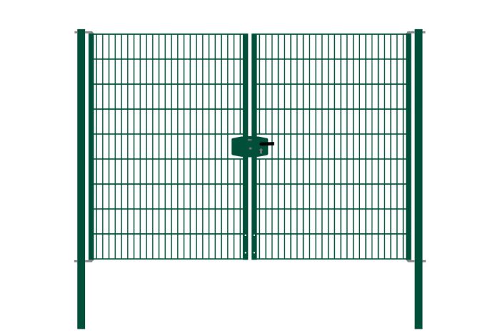 Drahtgittertor 2-flügelig, Durchgangslichte: 264 cm, Gesamtbreite inkl. Pfosten: 276 cm - Ausführung: grün beschichtet, Höhe: 183 cm