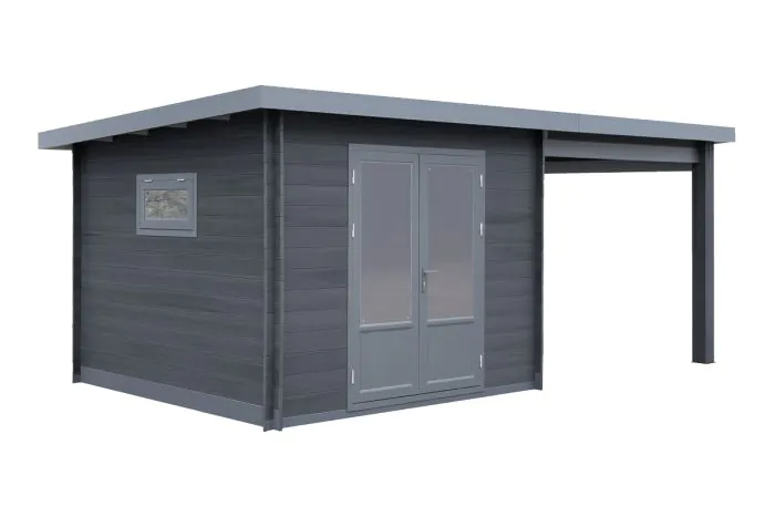 WPC Gartenhaus Alpenblick inkl. überdachter Terrasse - Länge: 560 cm, Breite: 300 cm, Höhe: 239 cm, Farbe: dunkelgrau