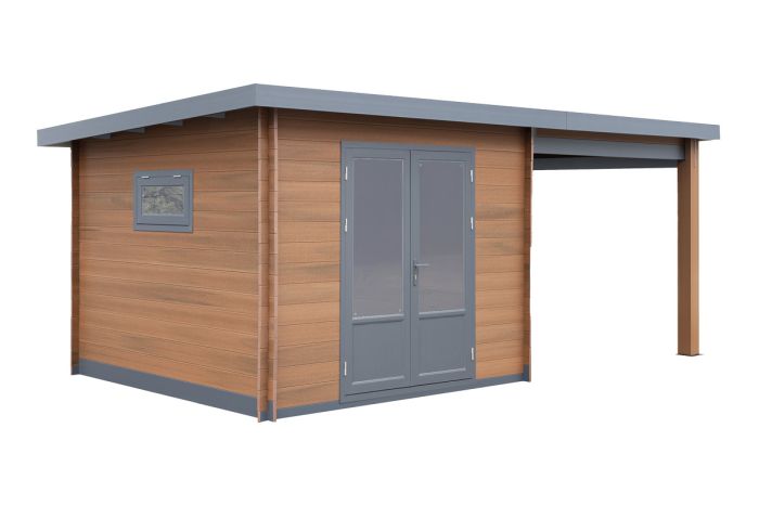WPC Gartenhaus Alpenblick inkl. überdachter Terrasse - Länge: 560 cm, Breite: 300 cm, Höhe: 239 cm, Farbe: Holzoptik