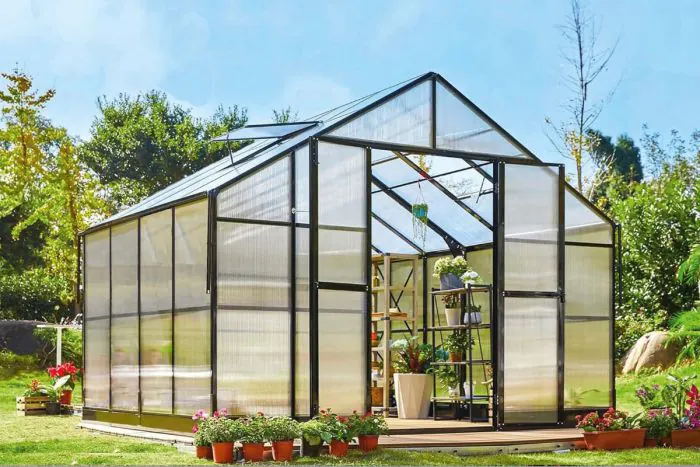 Gewächshaus Rosmarin PRO - Farbe: schwarz, Ausführung: Kunststoffglas 6 mm, Länge: 2780 mm, Breite: 3540 mm, Höhe: 2670 mm
