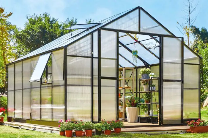 Gewächshaus Rosmarin PRO - Farbe: schwarz, Ausführung: Kunststoffglas 6 mm, Länge: 4130 mm, Breite: 3540 mm, Höhe: 2670 mm