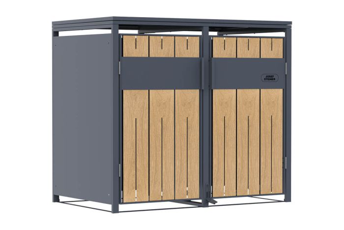 Mülltonnenbox 2-flügelig mit Pedalfunktion - Farbe: anthrazit & Holzoptik, Breite: 132 cm, Höhe: 116 cm, Tiefe: 80 cm