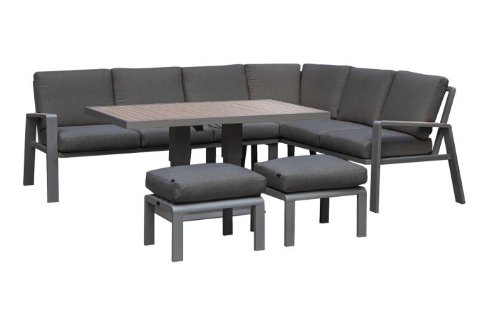 Essgruppe Malaga - bestehend aus 1x Sofa, 1x Sofa rechts, 1x Gartentisch, 2x Hocker