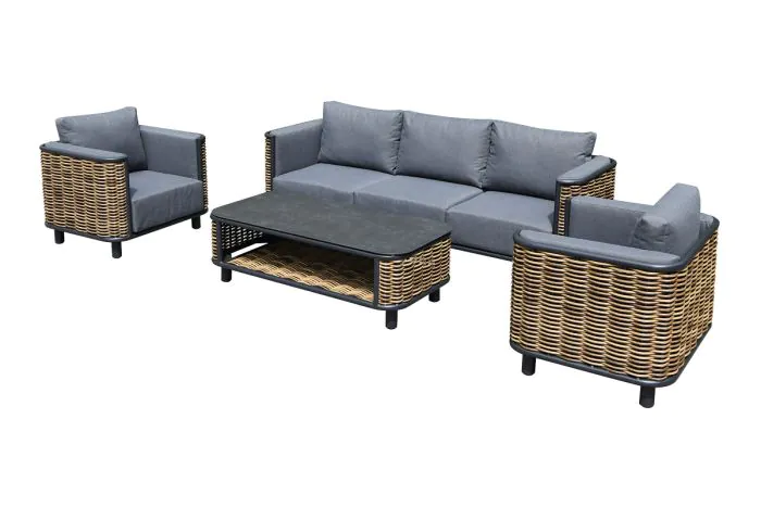 Sitzgruppe Prag 4-teilig aus Aluminium & Rattan - Aluminiumfarbe: schwarz, Stofffarbe: dunkelgrau
