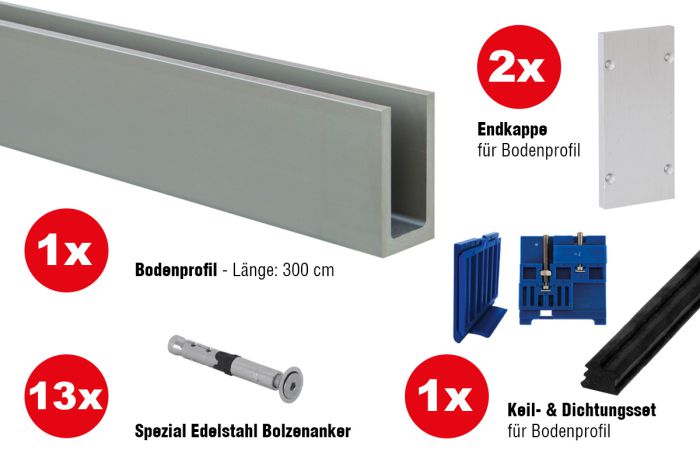 Ganzglasgeländer Komplettset - Ausführung: für aufgesetzte Montage, für Glasstärke: 16,76-17,52 mm, Länge: 3 m