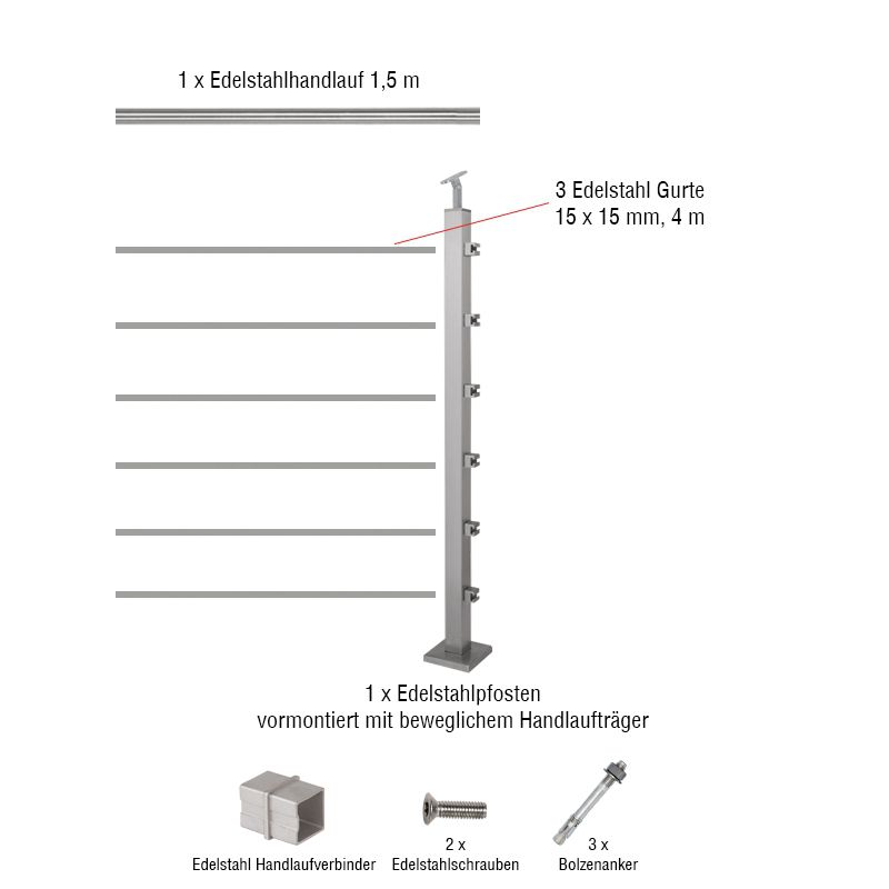 Edelstahl Geländer in I-Form als Set Stabgeländer für Aufmontage in 9 Edelstahl Geländer in I-Form als Set Stabgeländer für Aufmontage in 9