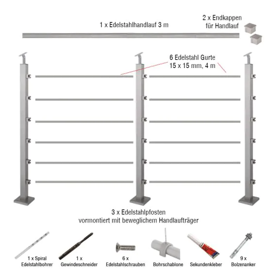 Edelstahlgeländer 40x40 mm Set - Länge: 3 m, aufgesetzte Montage, 6 Querstäbe