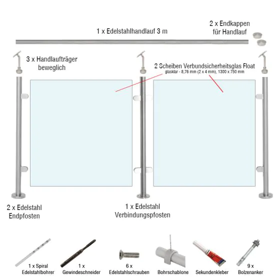 Edelstahl Glasgeländer Set - Länge: 2,8 m, aufgesetzte Montage 