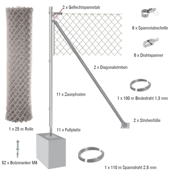 25 Meter Maschendrahtzaun Komplett-Set Dingo - Farbe: verzinkt, Höhe: 100 cm, Ausführung: mit Fußplatten