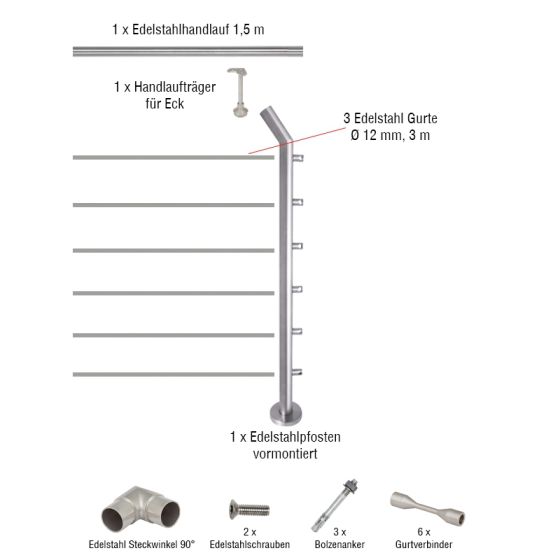 Edelstahl Gurtgeländer Eckset mit Übersteigschutz - Länge: 1,5 m, aufgesetzte Montage 