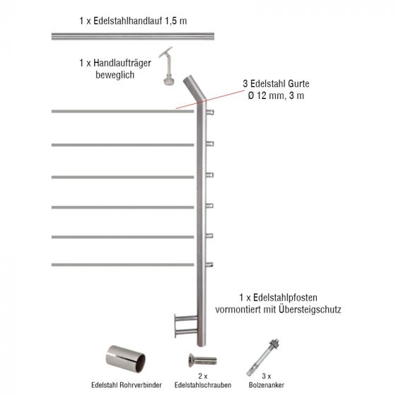 Edelstahl Gurtgeländer Erweiterungsset mit Übersteigschutz - Länge: 1,5 m, seitliche Montage 