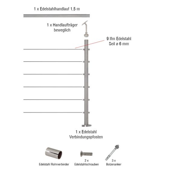 Edelstahl Seilgeländer Erweiterungsset - Länge: 1,5 m, aufgesetzte Montage 