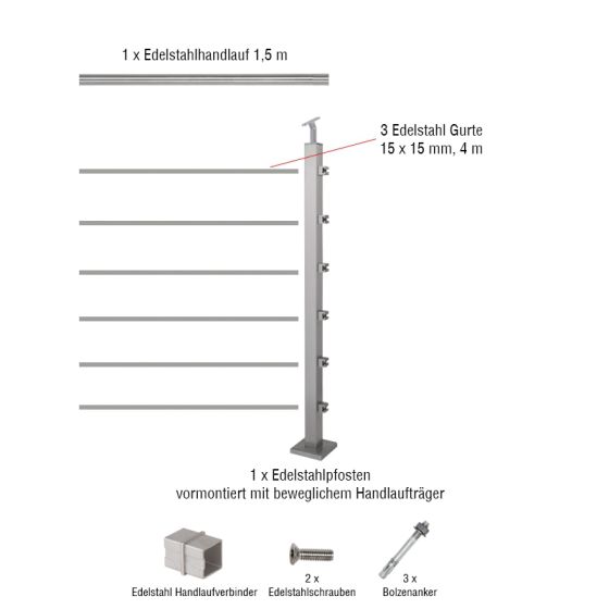 Edelstahlgeländer 40x40 mm Erweiterungsset - Länge: 1,5 m, aufgesetzte Montage, 6 Querstäbe