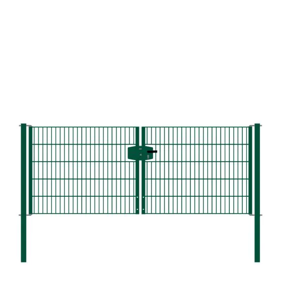 Drahtgittertor 2-flügelig, Durchgangslichte: 264 cm, Gesamtbreite inkl. Pfosten: 276 cm - Ausführung: grün beschichtet, Höhe: 103 cm