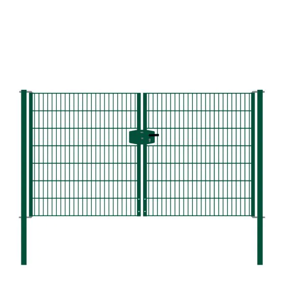Drahtgittertor 2-flügelig, Durchgangslichte: 264 cm, Gesamtbreite inkl. Pfosten: 276 cm - Ausführung: grün beschichtet, Höhe: 143 cm