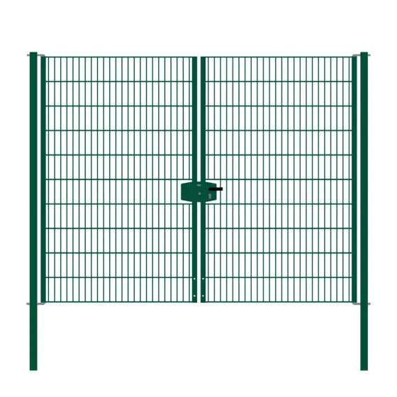 Drahtgittertor 2-flügelig, Durchgangslichte: 264 cm, Gesamtbreite inkl. Pfosten: 276 cm - Ausführung: grün beschichtet, Höhe: 203 cm