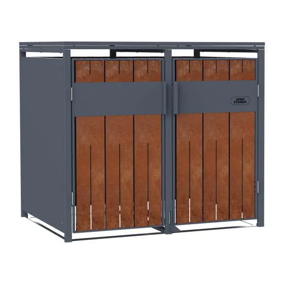 Mülltonnenbox 2-flügelig mit Pedalfunktion - Farbe: anthrazit & Rostoptik, Breite: 132 cm, Höhe: 116 cm, Tiefe: 80 cm