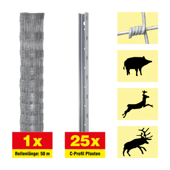 Wildzaun 50 m Set Taurus schwer - Höhe: 100 cm, inkl. 25 Pfosten, Horizontaldrähte: 8