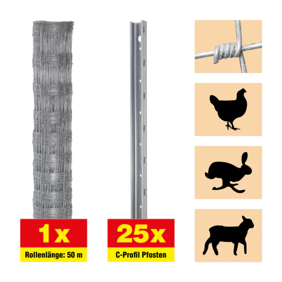 Weidezaun 50 m Set Taurus leicht - Höhe: 152 cm, inkl. 25 Pfosten, Horizontaldrähte: 19