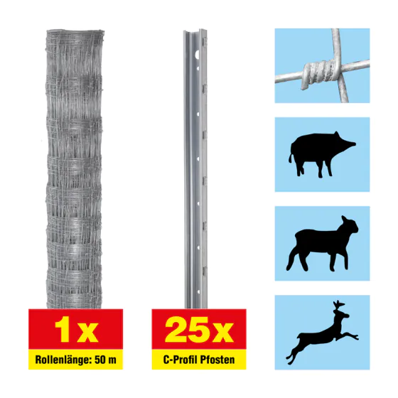 Schafzaun 50 m Set Taurus superschwer - Höhe: 140 cm, inkl. 25 Pfosten, Horizontaldrähte: 11