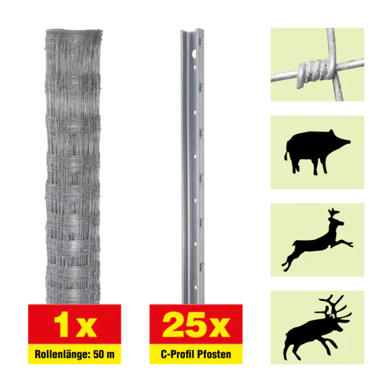 Forstzaun 50 m Set Taurus Forstwirtschaft - Höhe: 200 cm, inkl. 25 Pfosten, Horizontaldrähte: 25