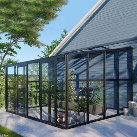 Anbaugewächshaus Thymian - Farbe: schwarz, Ausführung: Kunststoffglas Dach + Echtglas Wand, Länge: 3200 mm, Breite: 3920 mm, Höhe: 2500 mm