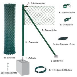 25 Meter Maschendrahtzaun Komplett-Set Dingo - Farbe: grün, Höhe: 125 cm, Ausführung: mit Fußplatten