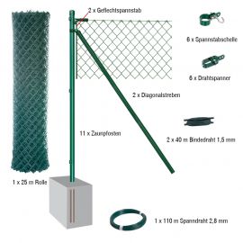 25 Meter Maschendrahtzaun Komplett-Set Dingo - Farbe: grün, Höhe: 175 cm, Ausführung: zum Einbetonieren