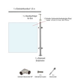 Edelstahl Glasgeländer Eckset - Länge: 1,38 m, aufgesetzte Montage 